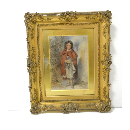 27 - 19th century British SchoolGirl with red cape.watercolour, signed indistinctly, 37cm x 26cm, framed ... 