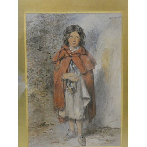 27 - 19th century British SchoolGirl with red cape.watercolour, signed indistinctly, 37cm x 26cm, framed ... 
