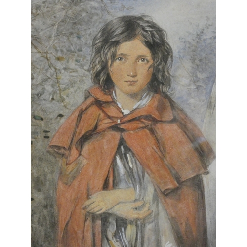 27 - 19th century British SchoolGirl with red cape.watercolour, signed indistinctly, 37cm x 26cm, framed ... 