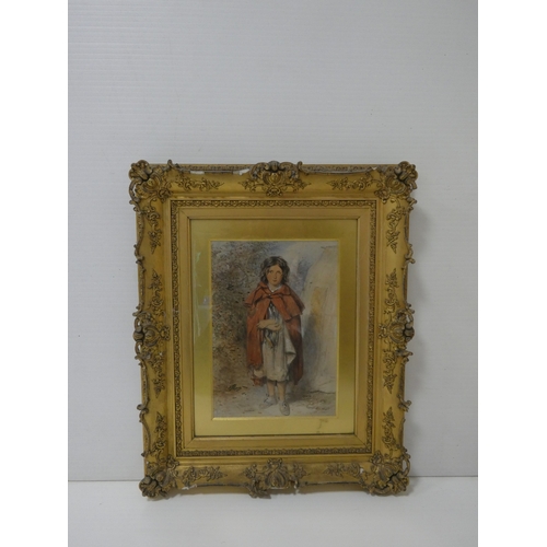 27 - 19th century British SchoolGirl with red cape.watercolour, signed indistinctly, 37cm x 26cm, framed ... 