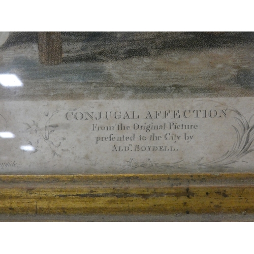 34 - Conjugal Affection (King George III and Queen Charlotte), 18th century colour print, framed in gesso... 