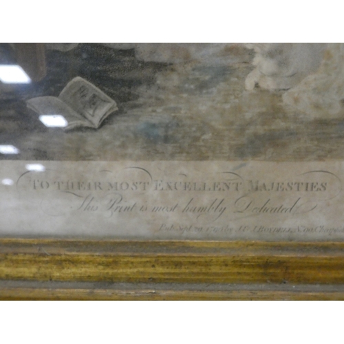 34 - Conjugal Affection (King George III and Queen Charlotte), 18th century colour print, framed in gesso... 