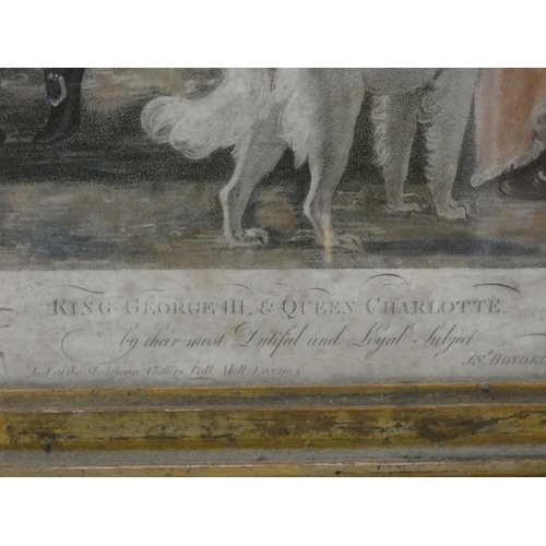 34 - Conjugal Affection (King George III and Queen Charlotte), 18th century colour print, framed in gesso... 
