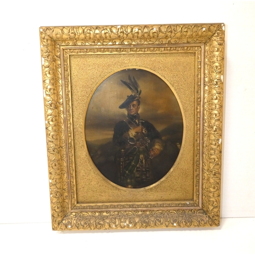 36 - British School c. 19th century.Clan figure in Highland dress.Colour print, framed in gesso.... 