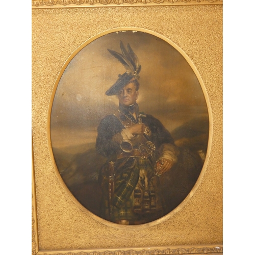 36 - British School c. 19th century.Clan figure in Highland dress.Colour print, framed in gesso.... 