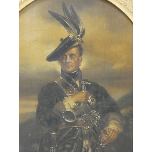 36 - British School c. 19th century.Clan figure in Highland dress.Colour print, framed in gesso.... 