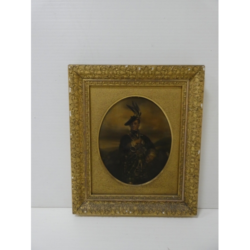 36 - British School c. 19th century.Clan figure in Highland dress.Colour print, framed in gesso.... 