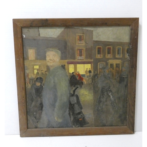 40 - British School, 20th centuryStreet scene with figures.unsigned oil on board, 62cm x 62cm.... 