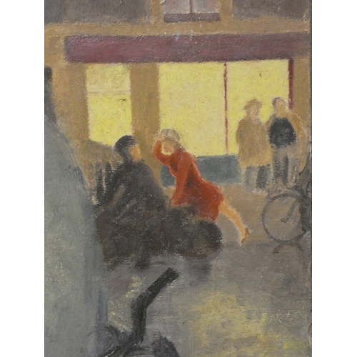 40 - British School, 20th centuryStreet scene with figures.unsigned oil on board, 62cm x 62cm.... 