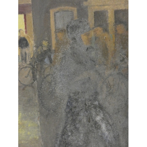 40 - British School, 20th centuryStreet scene with figures.unsigned oil on board, 62cm x 62cm.... 