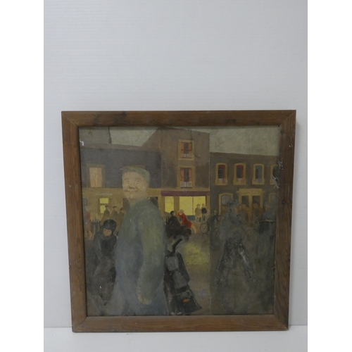 40 - British School, 20th centuryStreet scene with figures.unsigned oil on board, 62cm x 62cm.... 