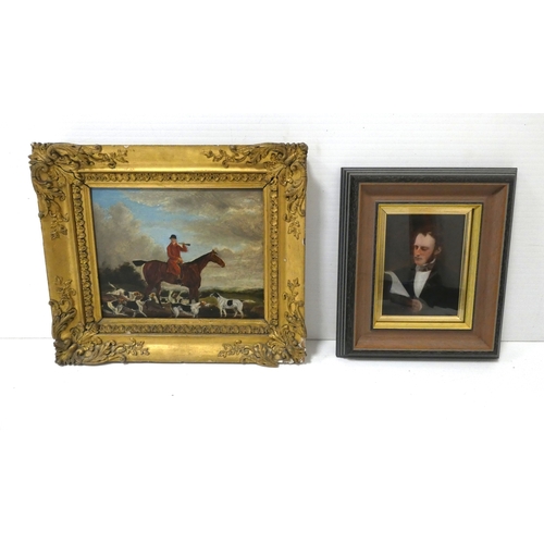 45 - British School.Huntsman and Hounds.oil on board, signed indistinctly, and another unsigned portrait ... 