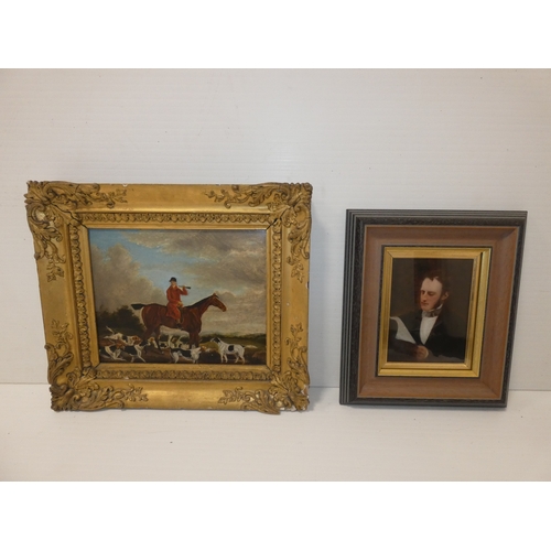 45 - British School.Huntsman and Hounds.oil on board, signed indistinctly, and another unsigned portrait ... 
