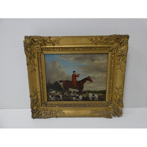 45 - British School.Huntsman and Hounds.oil on board, signed indistinctly, and another unsigned portrait ... 
