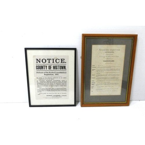 49 - Framed particulars of Monreith Shootings Wigtownshire and another entitled Notice of County of Wigto... 