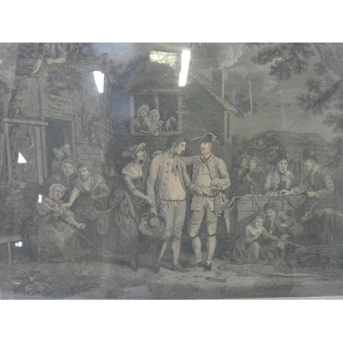 55 - Victorian print of The Recruiting Sergeant, with Full Cry titled sporting print in rosewood frame, a... 