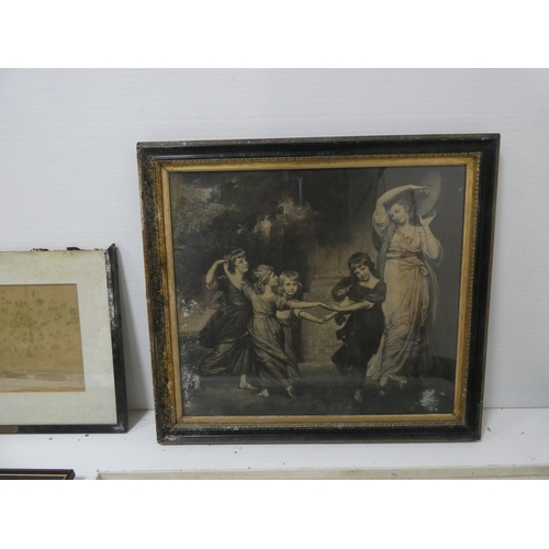 60 - Hugh Earl Percy, 19th century engraving, with an antique colour print of a family in gilt frame and ... 