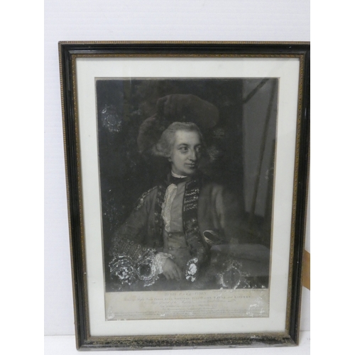 60 - Hugh Earl Percy, 19th century engraving, with an antique colour print of a family in gilt frame and ... 