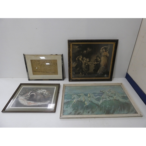 60 - Hugh Earl Percy, 19th century engraving, with an antique colour print of a family in gilt frame and ... 