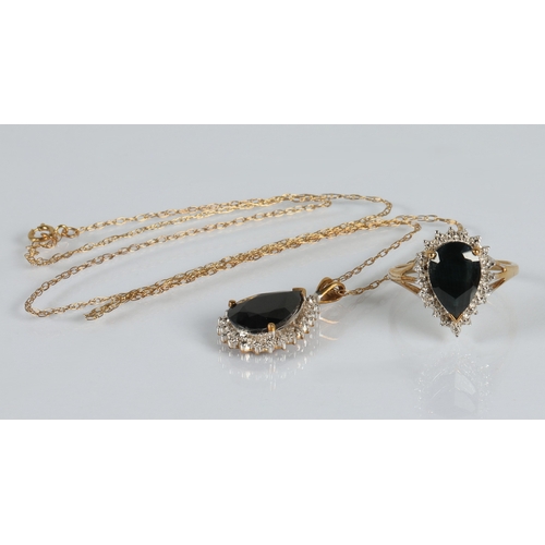 146 - 9ct gold gem set pendant on 9ct gold chain with matching 9ct gold dress ring, ring size P/Q, total g... 