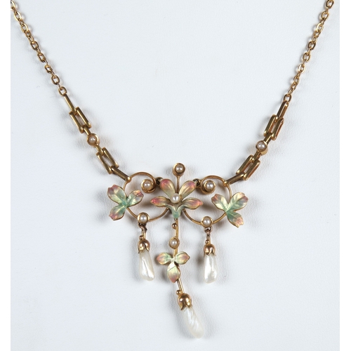 153 - 9ct gold necklace with floral and seed pearl pendant, gross weight, 7.6g.