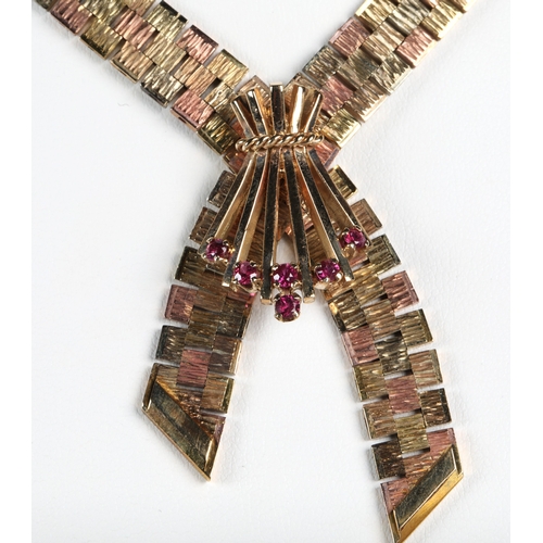 154 - 9ct gold link necklace with garnet set pendant, gross weight, 54.2g.