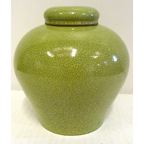 139 - Japanese studio porcelain sage green crackle glaze ginger jar with cover, with two character Seifu m... 
