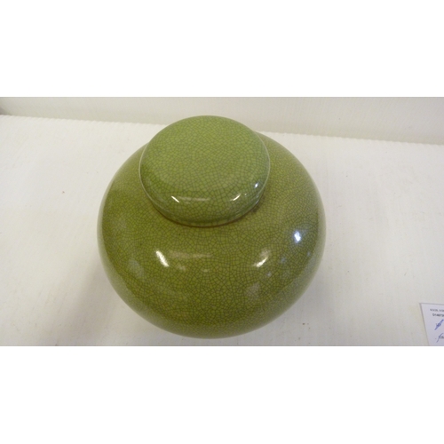 139 - Japanese studio porcelain sage green crackle glaze ginger jar with cover, with two character Seifu m... 