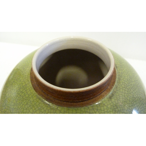 139 - Japanese studio porcelain sage green crackle glaze ginger jar with cover, with two character Seifu m... 