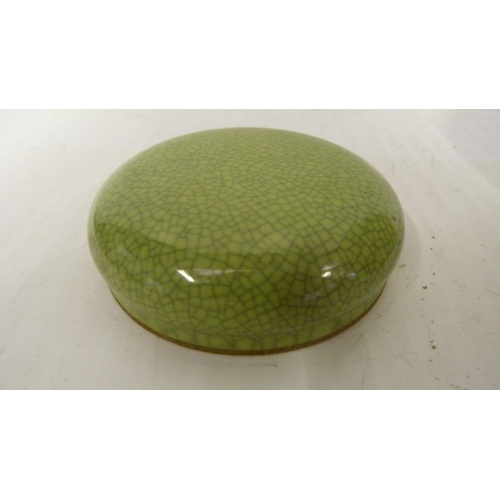 139 - Japanese studio porcelain sage green crackle glaze ginger jar with cover, with two character Seifu m... 