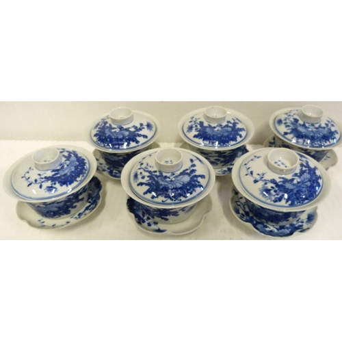 141 - Set of six Qing Dynasty Chinese Gaiwan blue and white porcelain tea cups with covers on stands, six ... 