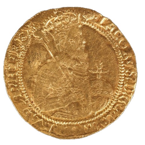 UNITED KINGDOM King James I (1603-1625) (James VI of Scotland 1567-1625) hammered gold unite or sceptre piece, mm tun, English arms in 1st and 4th quarters, S2619, S2620 or S5463.