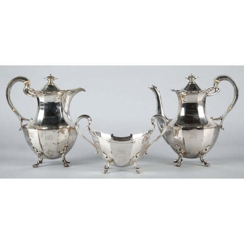 227 - Silver three piece tea service, Edward & Sons, comprising of two tea pots and a sugar bowl, Glas... 