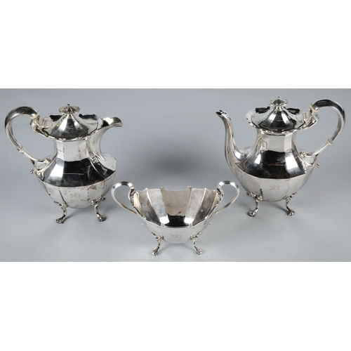 227 - Silver three piece tea service, Edward & Sons, comprising of two tea pots and a sugar bowl, Glas... 
