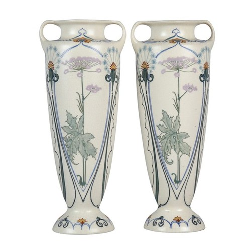 Pair of Arnhem Art Nouveau twin handled glazed vases, both measure 28cm h.