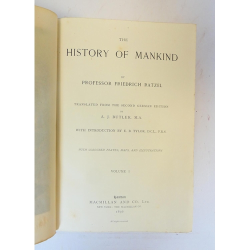 35 - RATZEL FRIEDRICH.  The History of Mankind. 3 vols. Col. frontis. Many eng. illus. Quarto. Nice half ... 