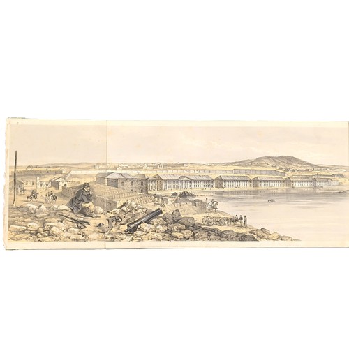 PERCEVAL LIEUTENANT E. A., 88th Regt.  Panoramic view of Sebastopol. Very long fldg. tinted linen backed lithograph view of Sebastopol in nine sections by M. & N. Hanhart after E. A. Perceval. In, but detached from, worn & soiled orig. bdg. 1857.