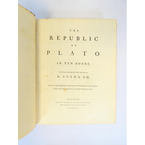 210 - SPENS H. (Trans).  The Republic of Plato in Ten Books Translated from the Greek ... With a Prelimina... 