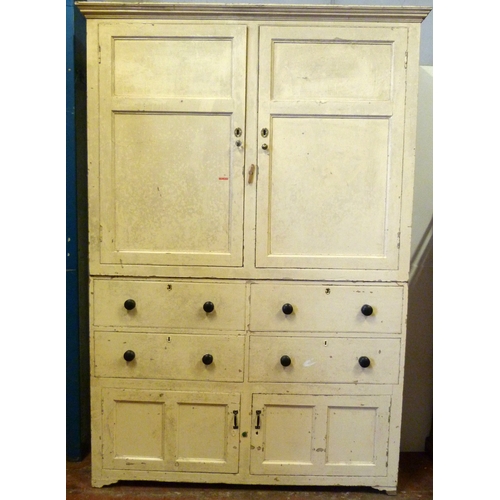 545 - Victorian painted pine large kitchen press, with two cupboard doors above two sets of drawers and pa... 