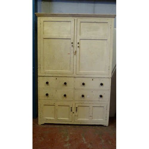 545 - Victorian painted pine large kitchen press, with two cupboard doors above two sets of drawers and pa... 