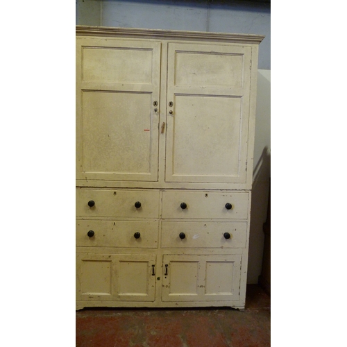 545 - Victorian painted pine large kitchen press, with two cupboard doors above two sets of drawers and pa... 