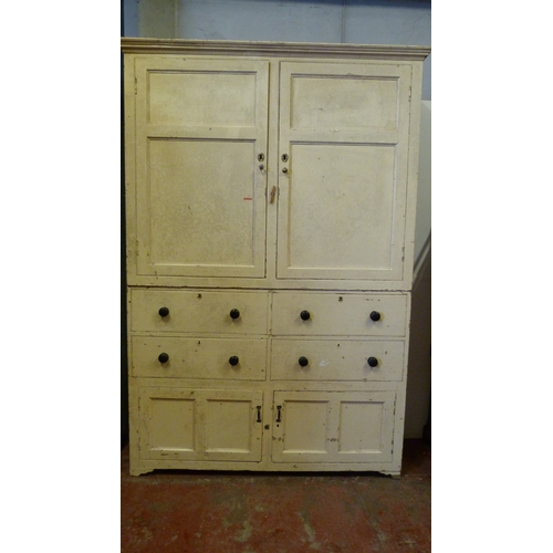 545 - Victorian painted pine large kitchen press, with two cupboard doors above two sets of drawers and pa... 