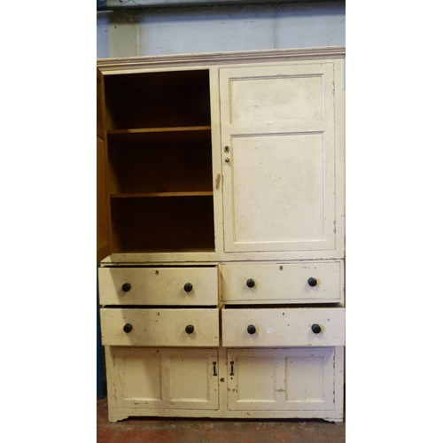 545 - Victorian painted pine large kitchen press, with two cupboard doors above two sets of drawers and pa... 