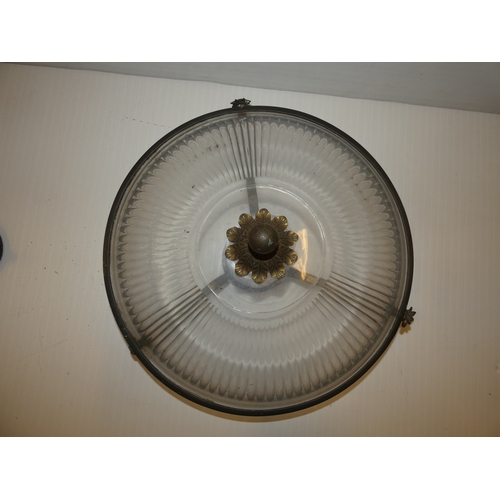 403 - Fluted glass ceiling shade with oxidised fittings, and various light fittings.