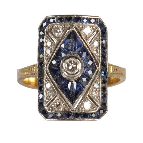 Art deco style diamond sapphire set ring, gross weight 5.1g, ring size L/M