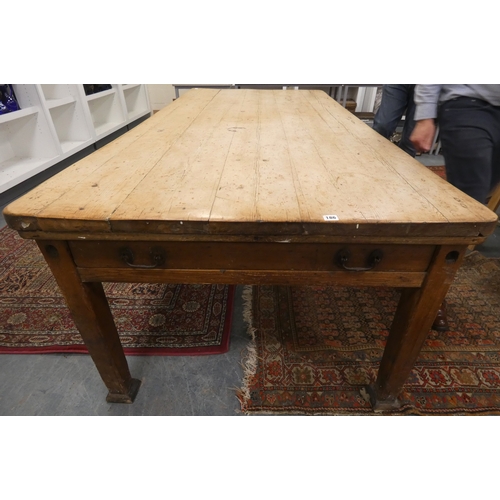 494 - Late Victorian large pine country table with drawers on each end, raised on stepped square supports.... 