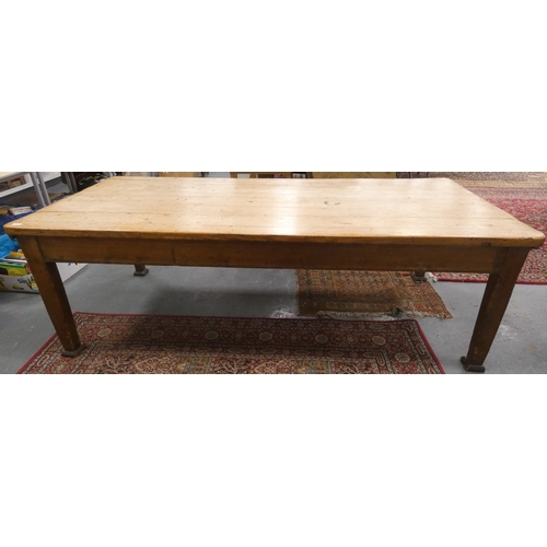 494 - Late Victorian large pine country table with drawers on each end, raised on stepped square supports.... 