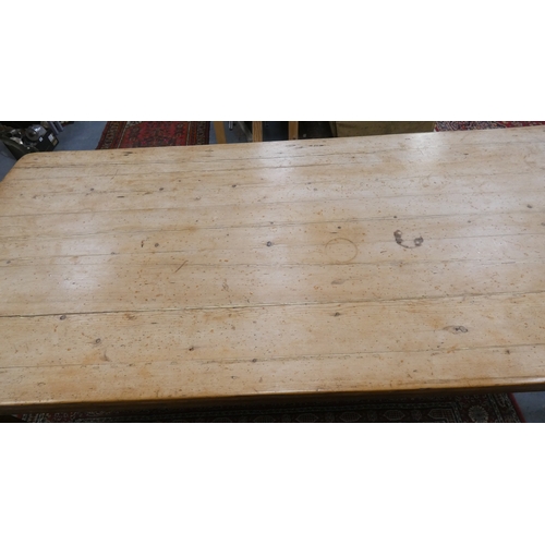 494 - Late Victorian large pine country table with drawers on each end, raised on stepped square supports.... 