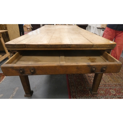 494 - Late Victorian large pine country table with drawers on each end, raised on stepped square supports.... 