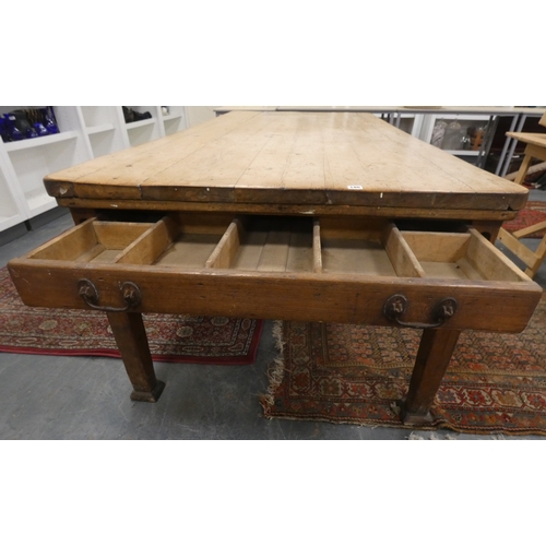 494 - Late Victorian large pine country table with drawers on each end, raised on stepped square supports.... 
